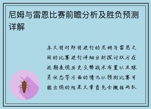 尼姆与雷恩比赛前瞻分析及胜负预测详解